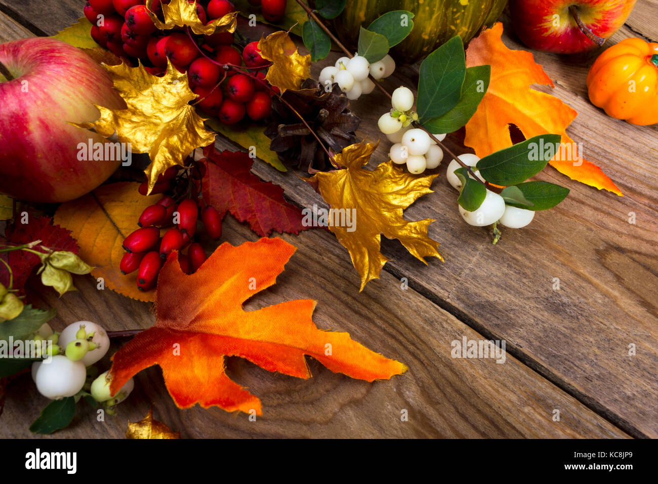 Thanksgiving greeting background with apples, golden maple leaves ...