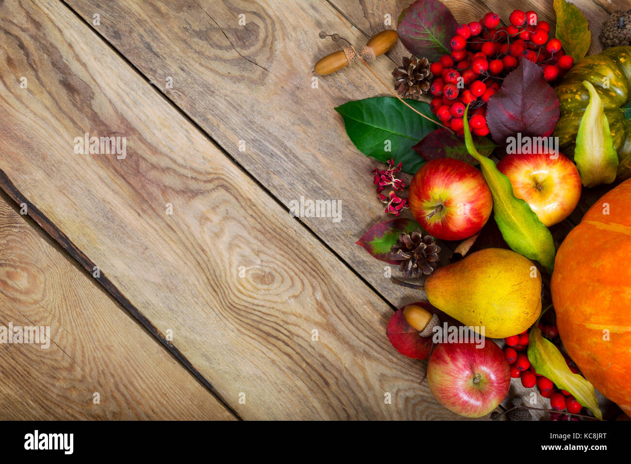 Thanksgiving background with pumpkin, apples, pear, rowan berries ...