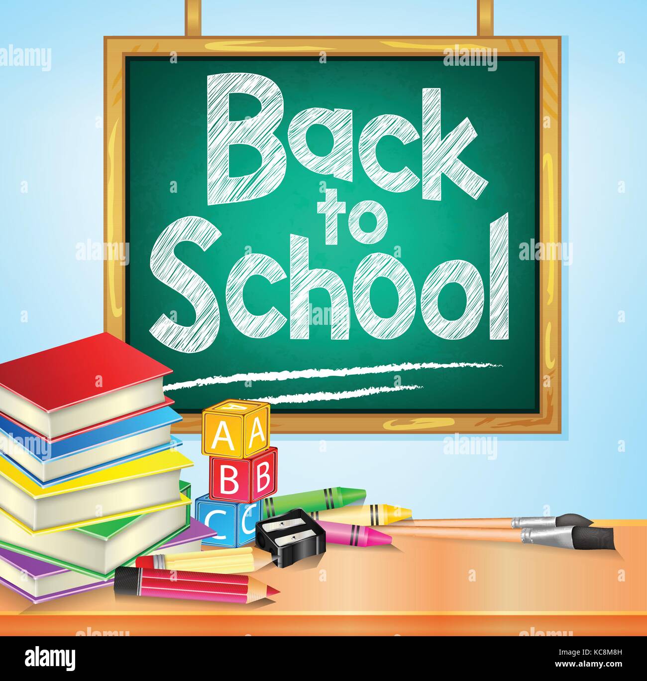 Back to School Text on Hanging Green Chalkboard with Books and Other ...
