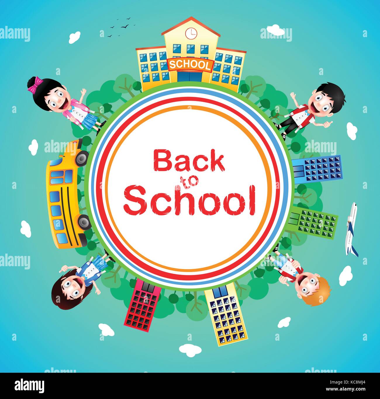 Back To School Text On A Circle With School Building And School Bus With Happy Kids Vector Characters On Blue Background Vector Illustration Stock Vector Image Art Alamy