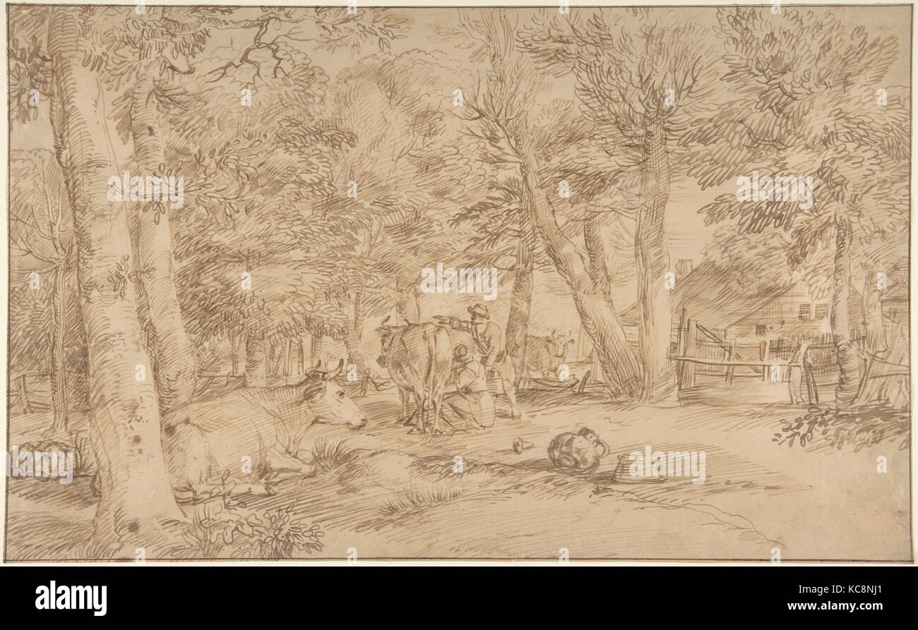 Landscape with Milkmaid, 1622–74, Pen and brown ink on Japanese paper, sheet: 8 11/16 x 14 1/16in. (22.1 x 35.7cm), Drawings Stock Photo