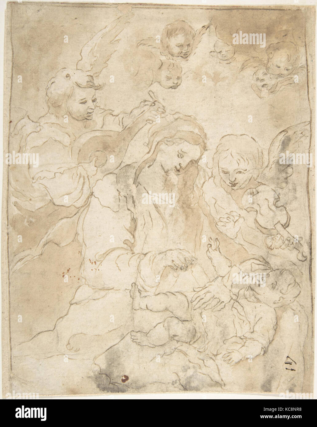 Madonna and Child with Angels Playing Lute and Viola da Braccio, Anonymous, Spanish, School of Seville, 17th century, 17th c Stock Photo