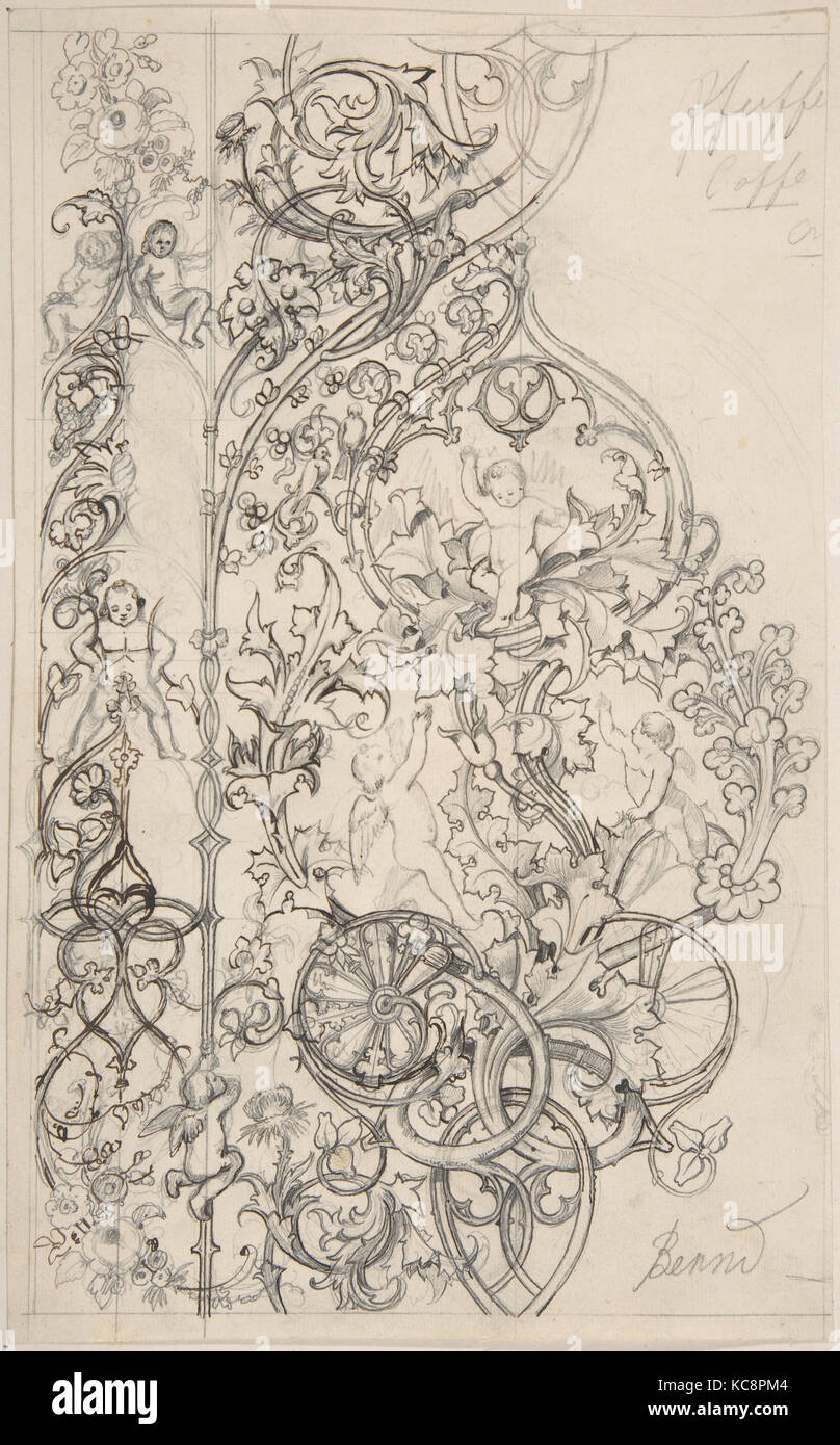 Gothic Ornament with Putti and Acanthus Leaves, Attributed to Bernd, 19th century Stock Photo