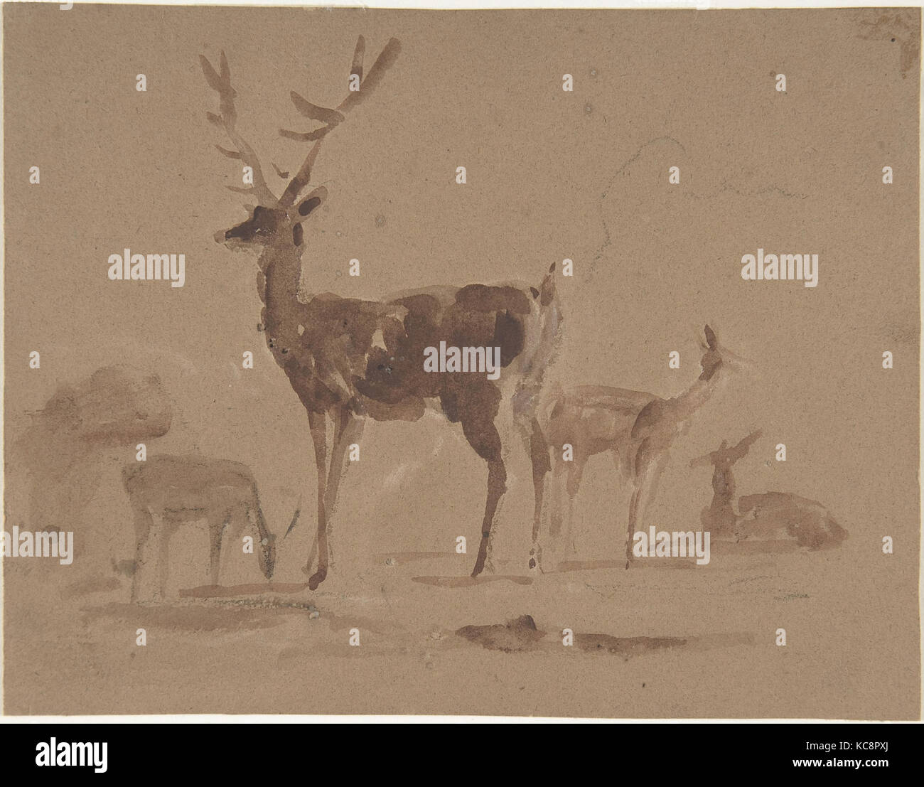 Stag and Its Young, Sir Edwin Henry Landseer, 1820–73 Stock Photo