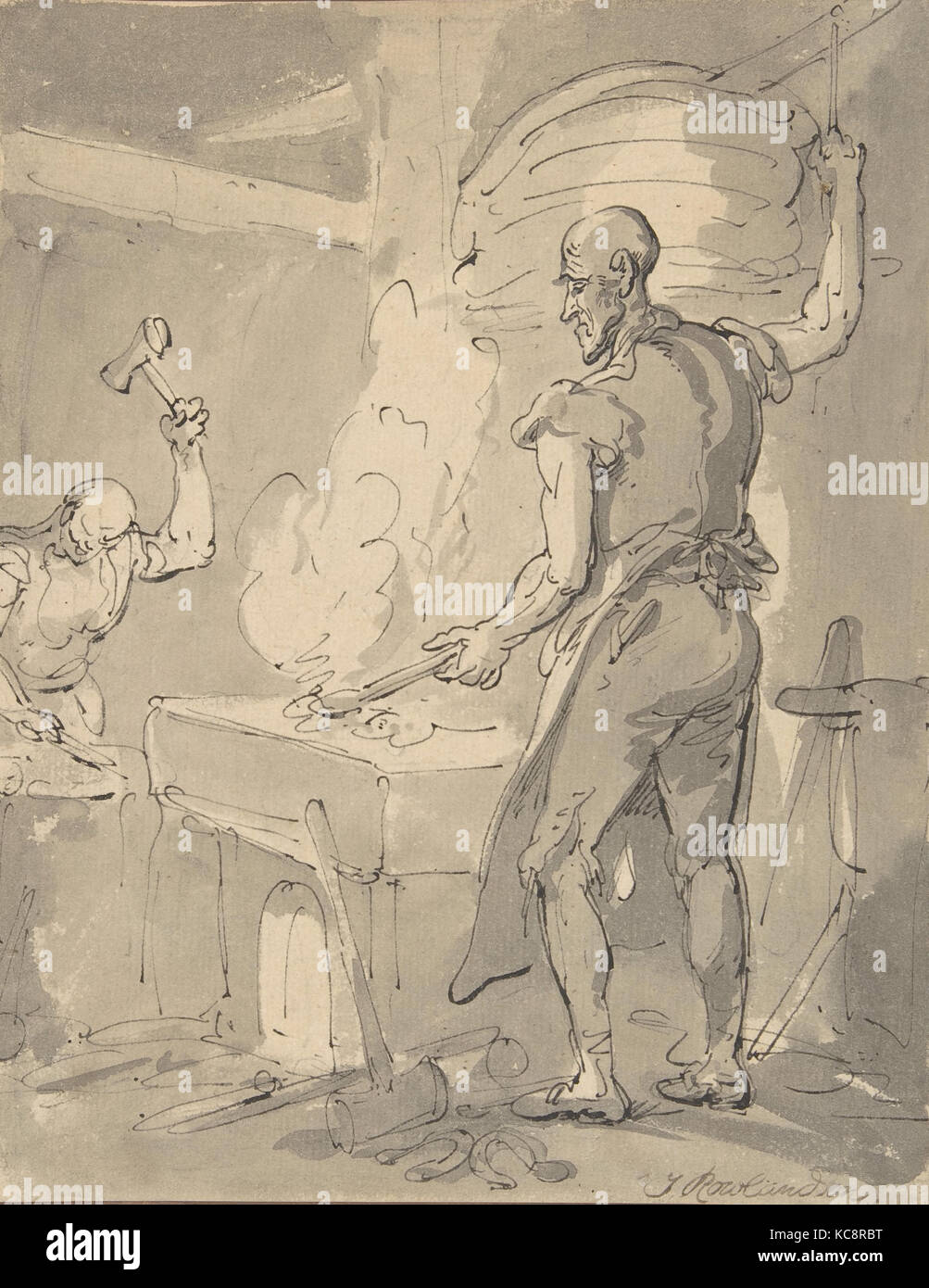 A Blacksmith, 18th–19th century, Pen and black ink, grey wash, sheet: 9 5/8 x 7 1/2 in. (24.4 x 19.1 cm), Drawings Stock Photo