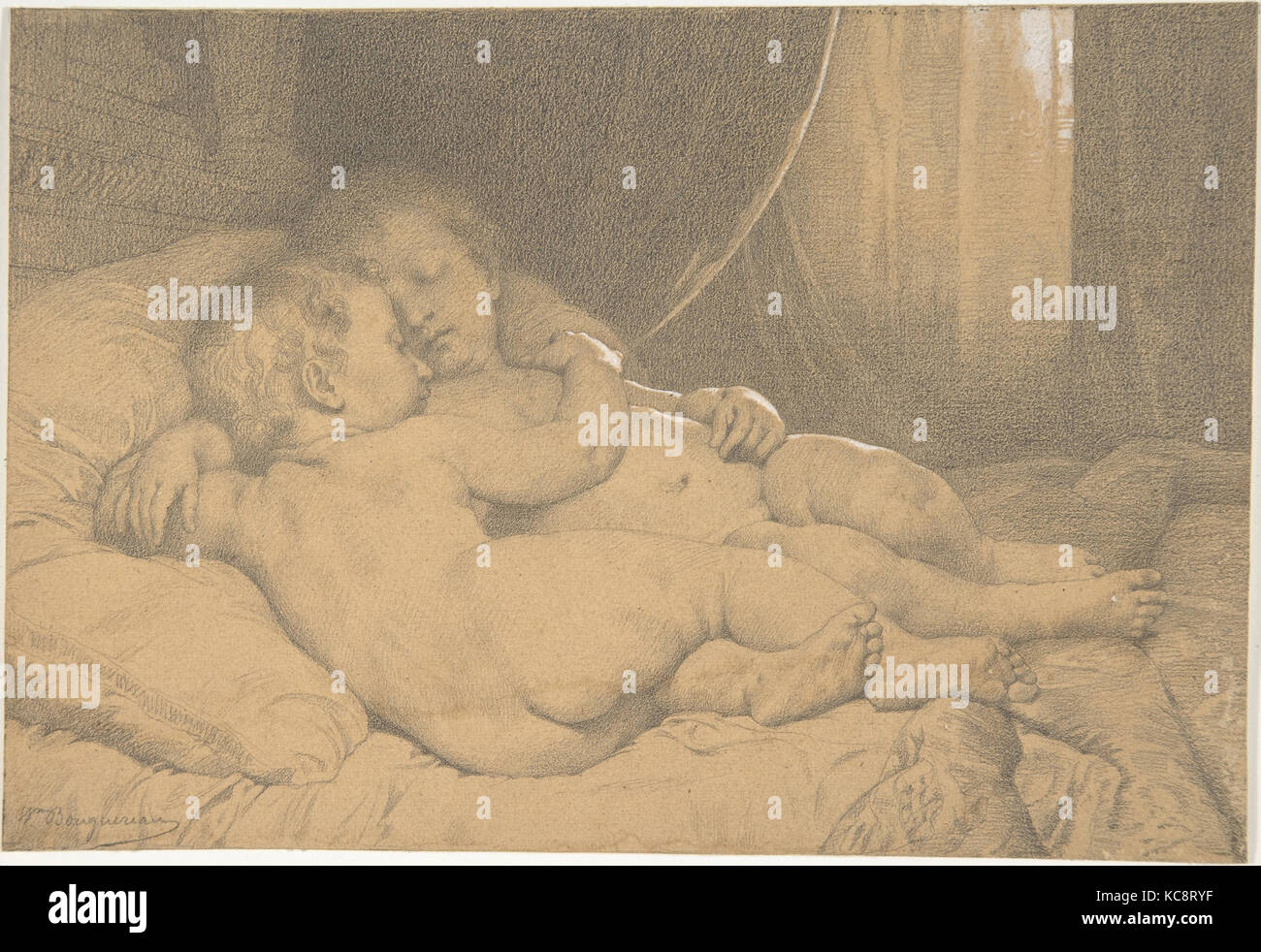 Two Sleeping Children, n.d., Black chalk, heightened with white chalk, Sheet: 5 15/16 x 8 3/4 in. (15.1 x 22.2cm), Drawings Stock Photo