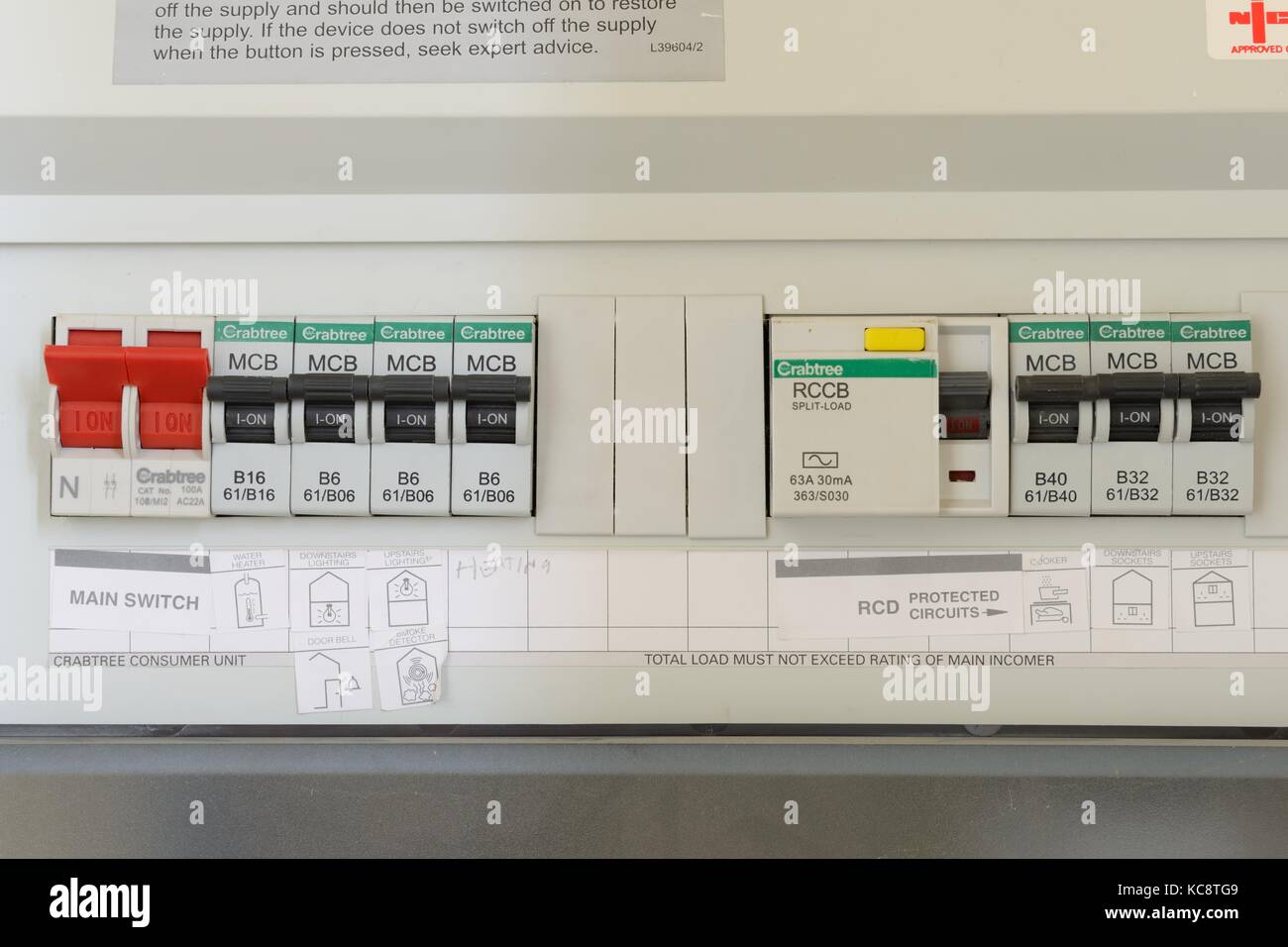 Consumer unit with RCD's and test button for mains electricity in the UK Stock Photo