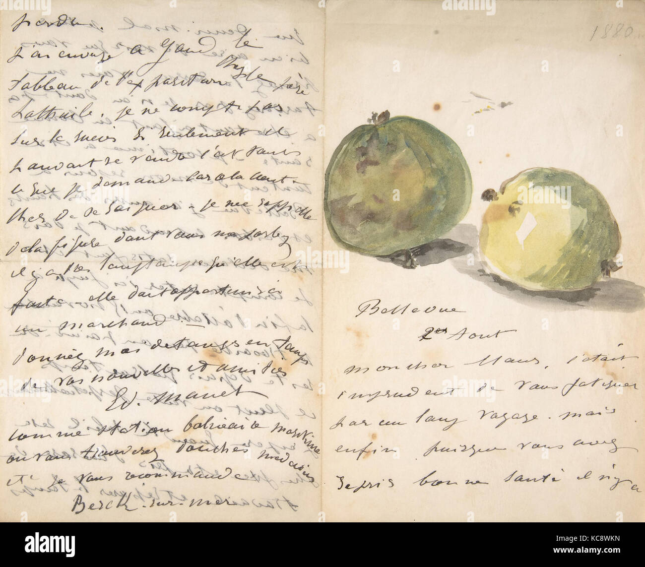A Letter to Eugène Maus, Decorated with Two Plums, Édouard Manet, August 2, 1880 Stock Photo
