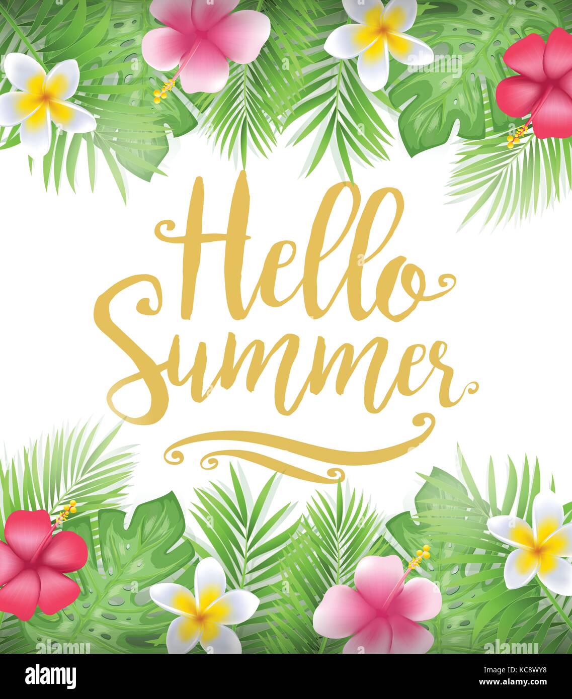 Beautiful Floral Hello Summer Poster with Tropical Leaves and Flowers ...