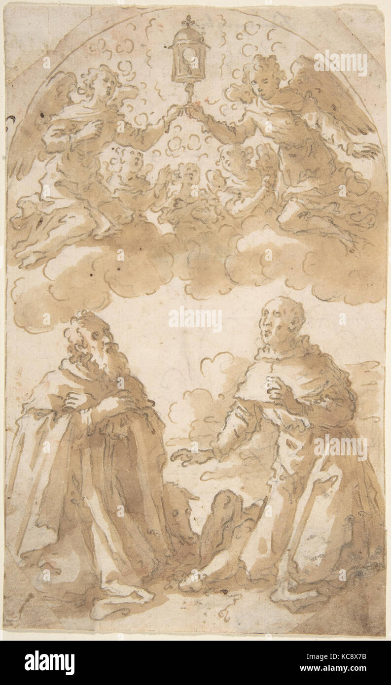 Two Male Saints Kneeling with Angels Holding a Reliquary., Marcantonio Bassetti, 1586–1630 Stock Photo
