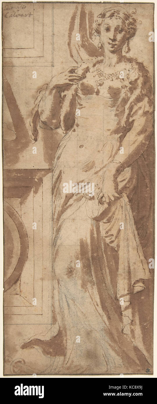 Standing Female Figure and Ornamental Framework., Girolamo Mazzola Bedoli, ca. 1547–53 Stock Photo