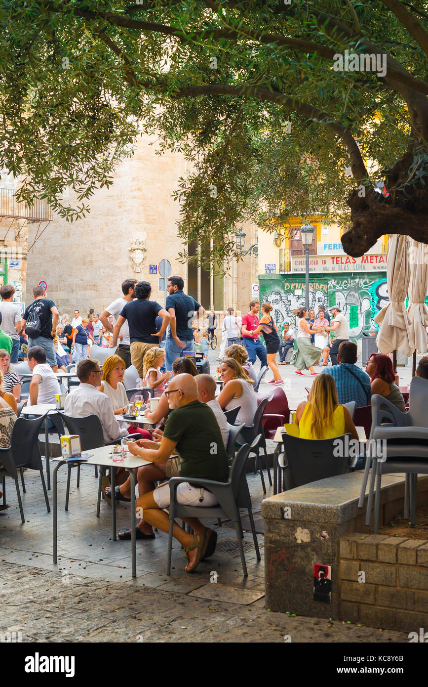 Valencia bar Spain,view of people relaxing at a cafe bar in the Plaza