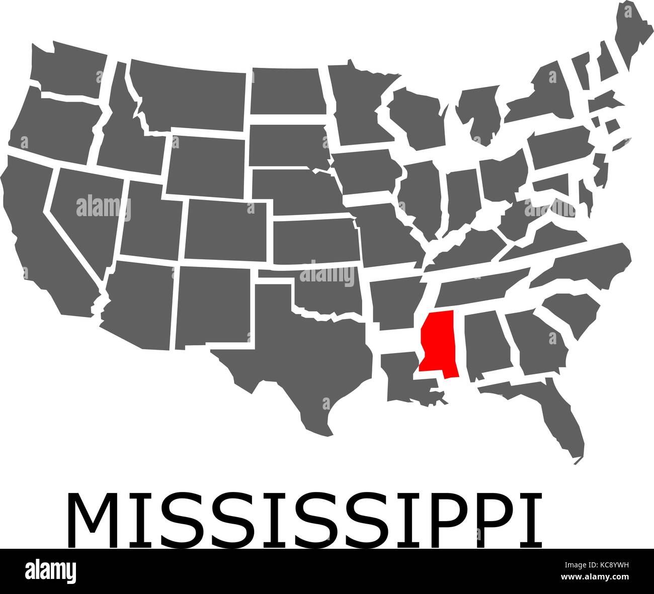 Bordering geographical map of USA with State of Mississippi marked with red color. Stock Vector