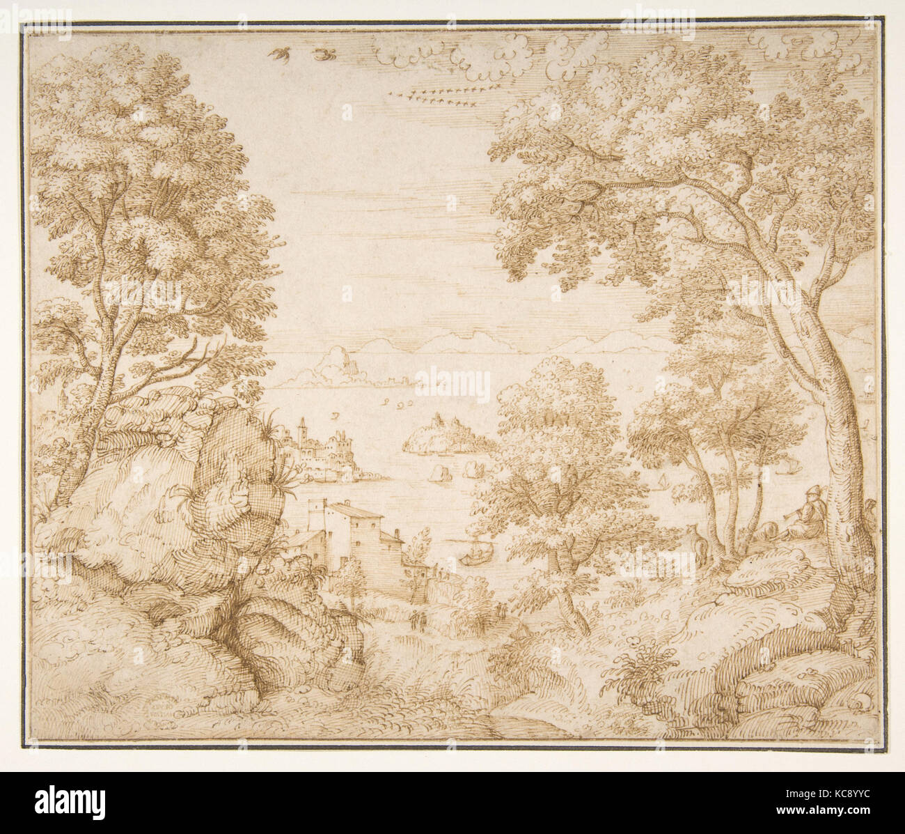 Coastal Landscape, 1512–1600, Pen and brown ink, 8 1/8 x 9 3/4in. (20.6 x 24.8cm), Drawings, Gherardo Cibo (Italian, Genoa 1512 Stock Photo
