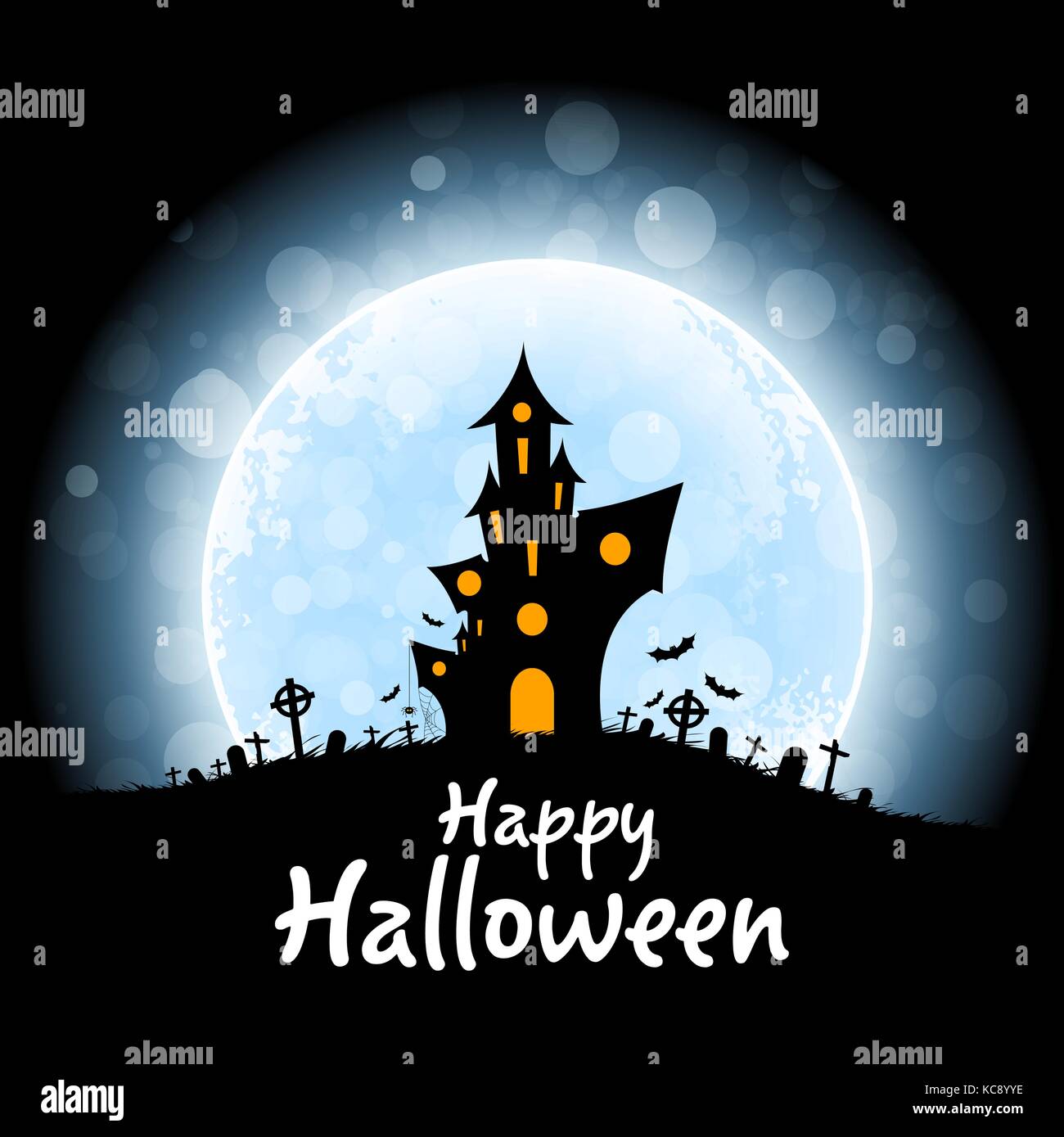 Halloween Party Poster. Holiday Card with Haunted House and Cemetery and a Moon in the Background. Halloween Invitation or Halloween Party Poster Back Stock Vector