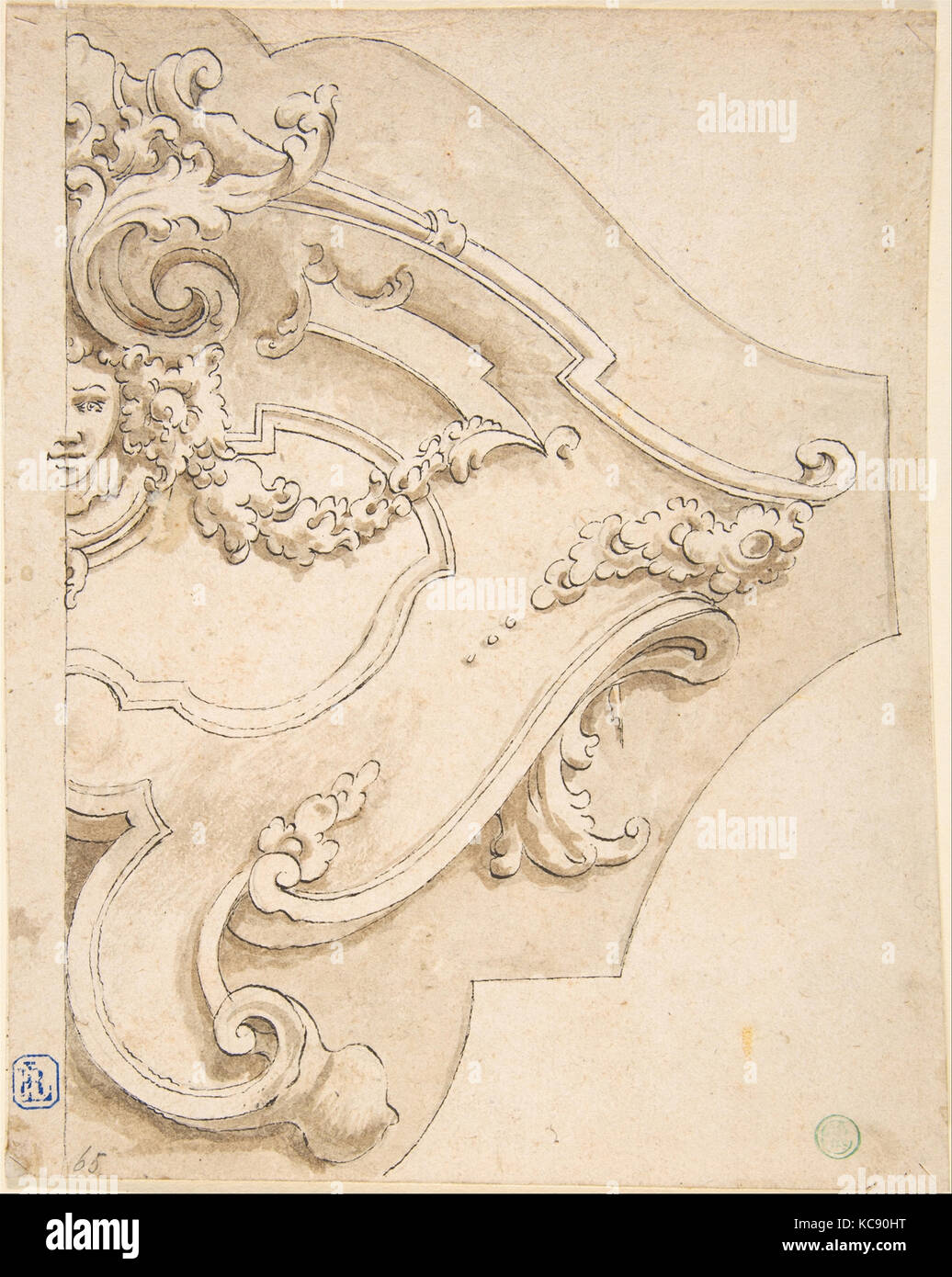 Design for Half Cartouche with Mask, Fortunato Tesi, 18th century Stock Photo