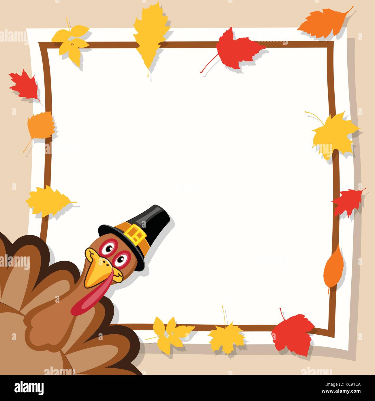 vector happy thanksgiving day card. turkey cartoon for sale banner. eps10 holiday background border illustration decorated with colorful autumn leaves Stock Vector