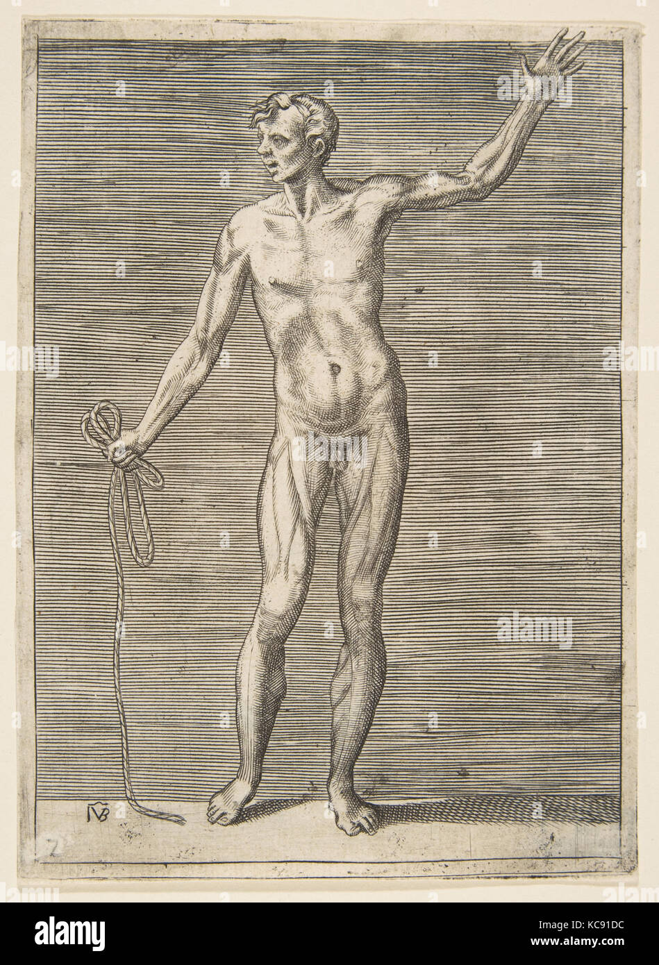 Man seen from the Front, holding a Rope in his right Hand, Giulio Bonasone, 16th century Stock Photo