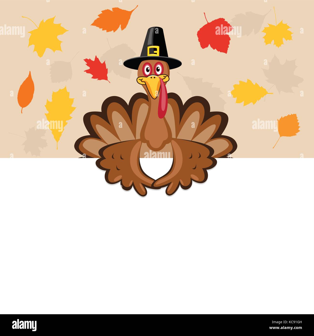 vector card for thanksgiving day with turkey, blank space and autumn leaves Stock Vector