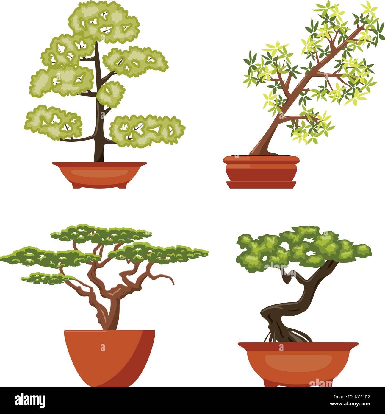 vector set of colorful bonsai trees in pots, isolated on white background. chinese bonsai art symbols Stock Vector