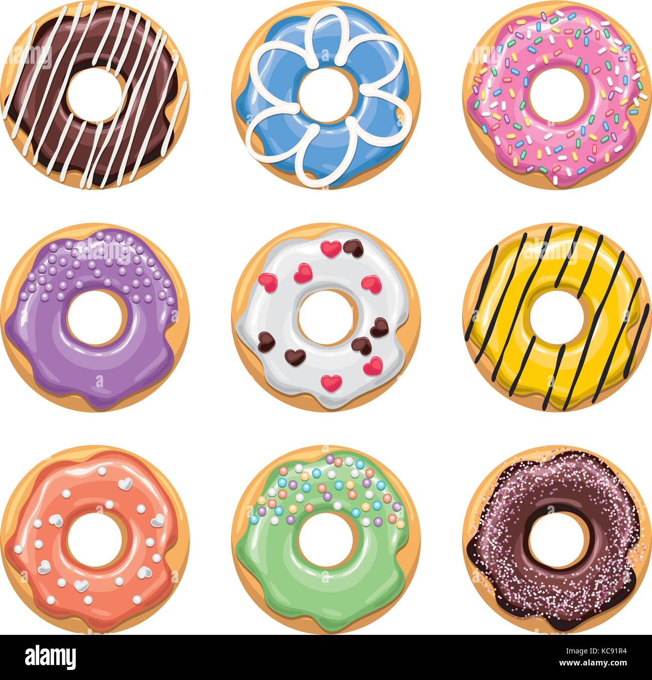 vector modern flat style icons of glazed colorful donuts with glaze, chocolate and sprinkles, isolated doughnuts on white background. donut icon desig Stock Vector