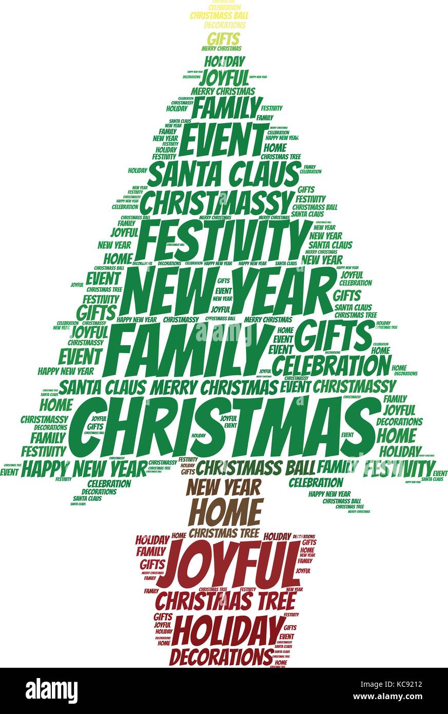 Words cloud, Christmas concept made with Christmas Tree shape and tags on white background. Stock Vector