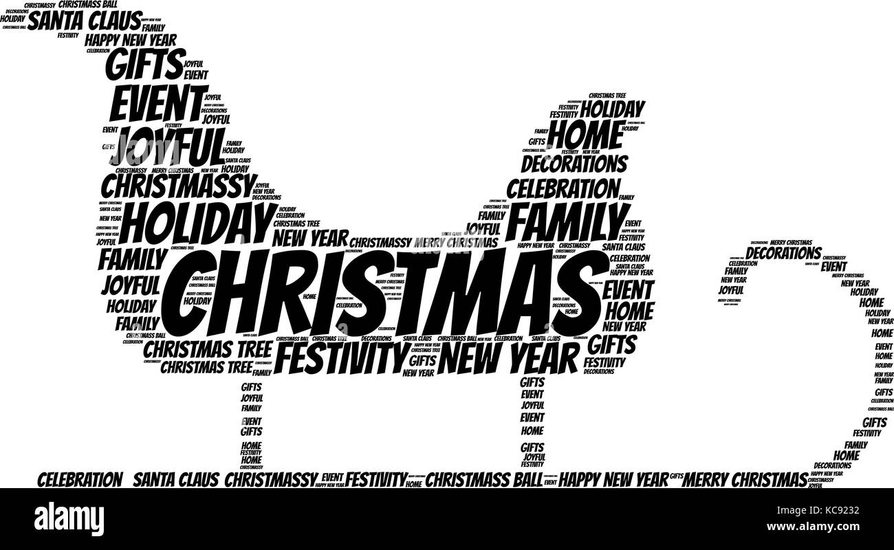 Words cloud, Christmas concept made with sled shape and tags on white background. Stock Vector