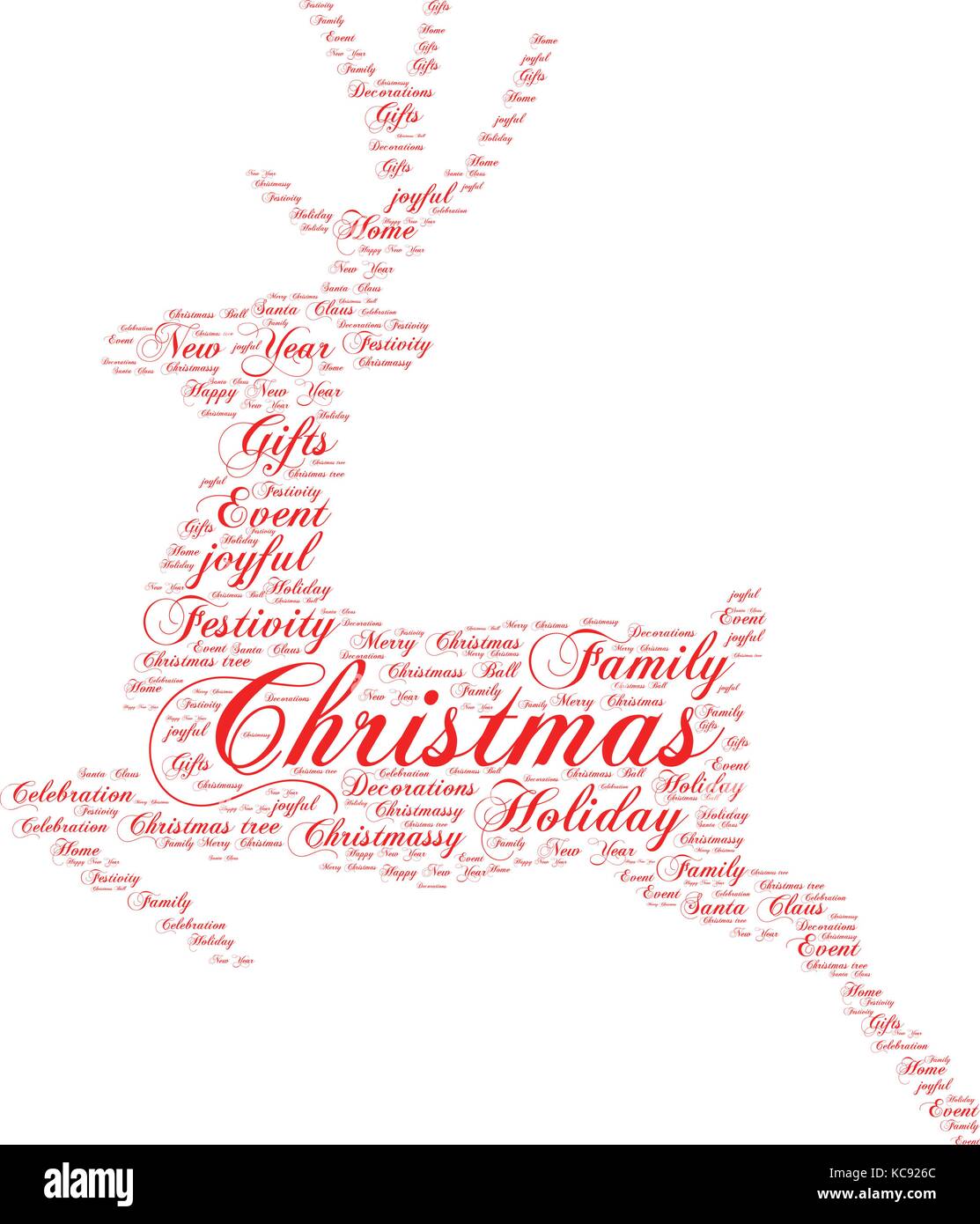 Words cloud, Christmas concept made with reindeer shape and tags on white background. Stock Vector