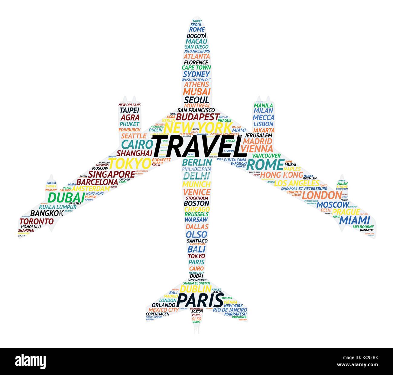 Tag cloud about famous cities made of airplane shape isolated on white  background Stock Vector Image & Art - Alamy