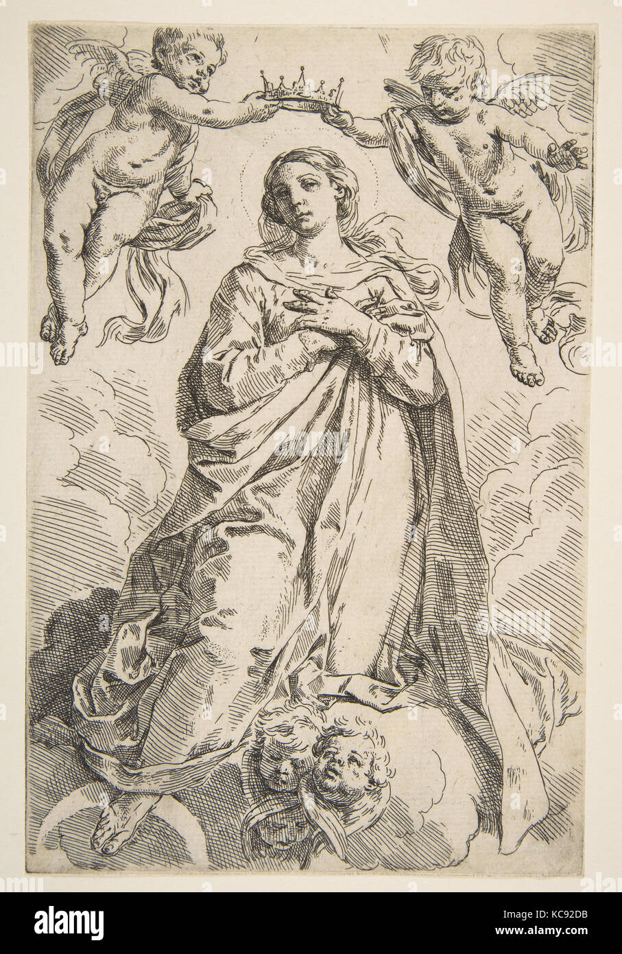 The Virgin being crowned by two angels, Simone Cantarini, ca.1639 Stock Photo