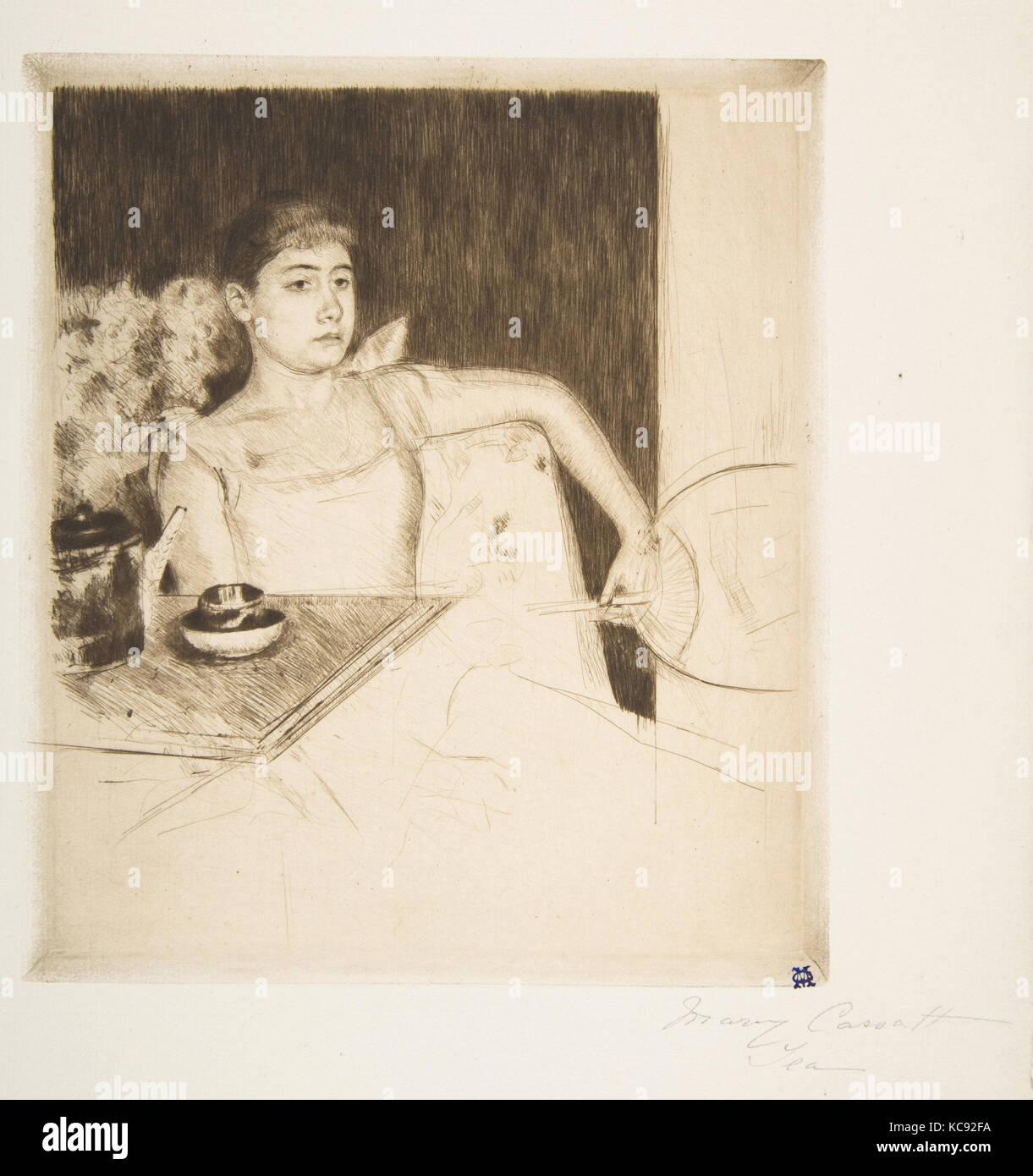 Tea, ca. 1890, Drypoint; fifth state of five, plate: 7 x 6 1/8 in. (17.8 x 15.6 cm), Prints, Mary Cassatt (American, Pittsburgh Stock Photo