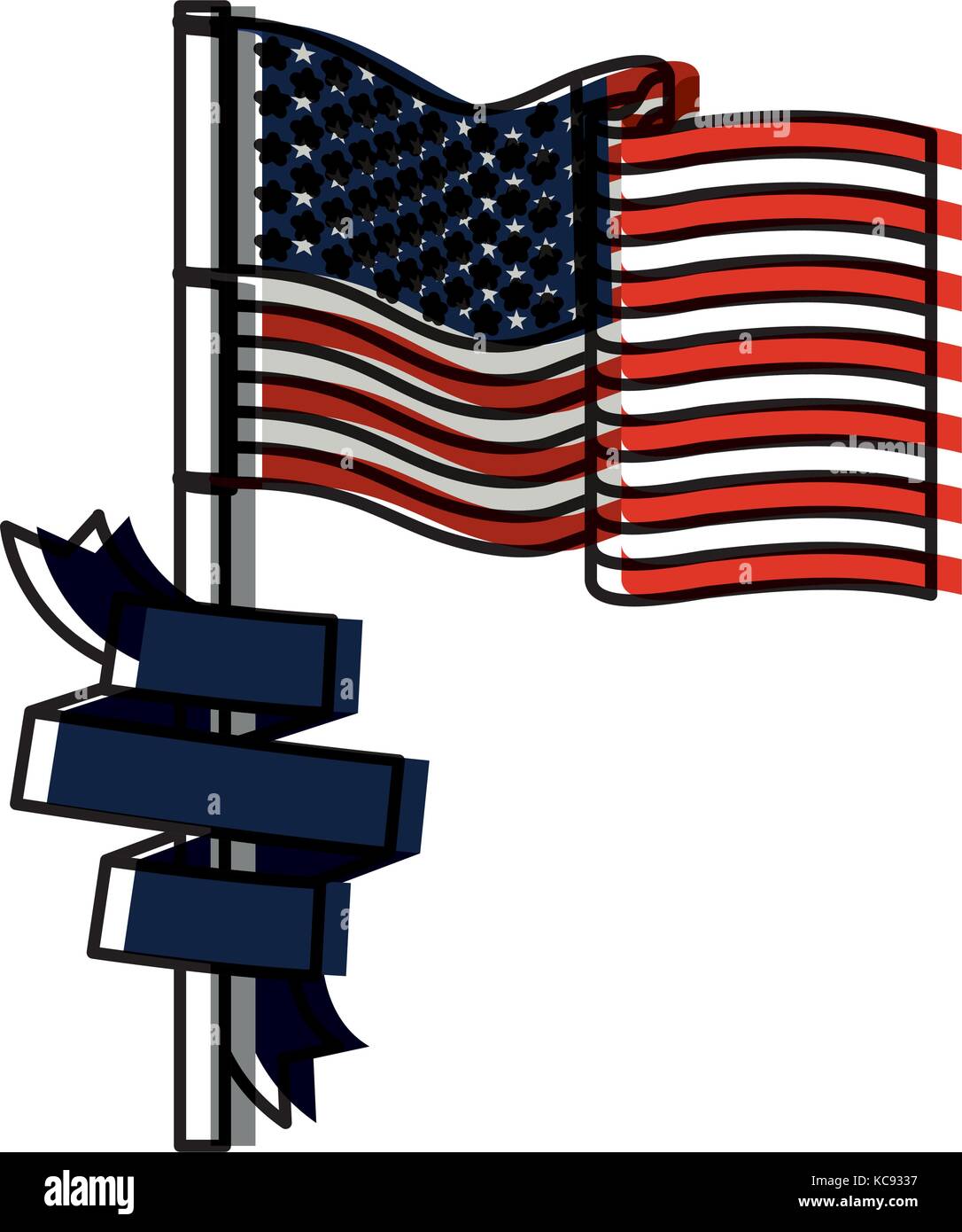 united states flag with dark blue ribbon in pole watercolor silhouette