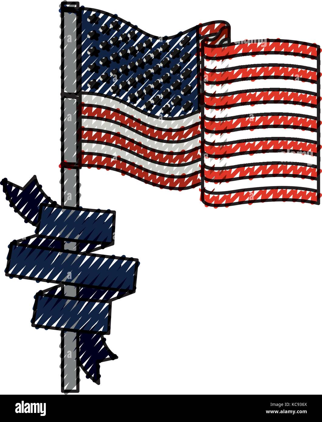 united states flag with dark blue ribbon in pole colored crayon