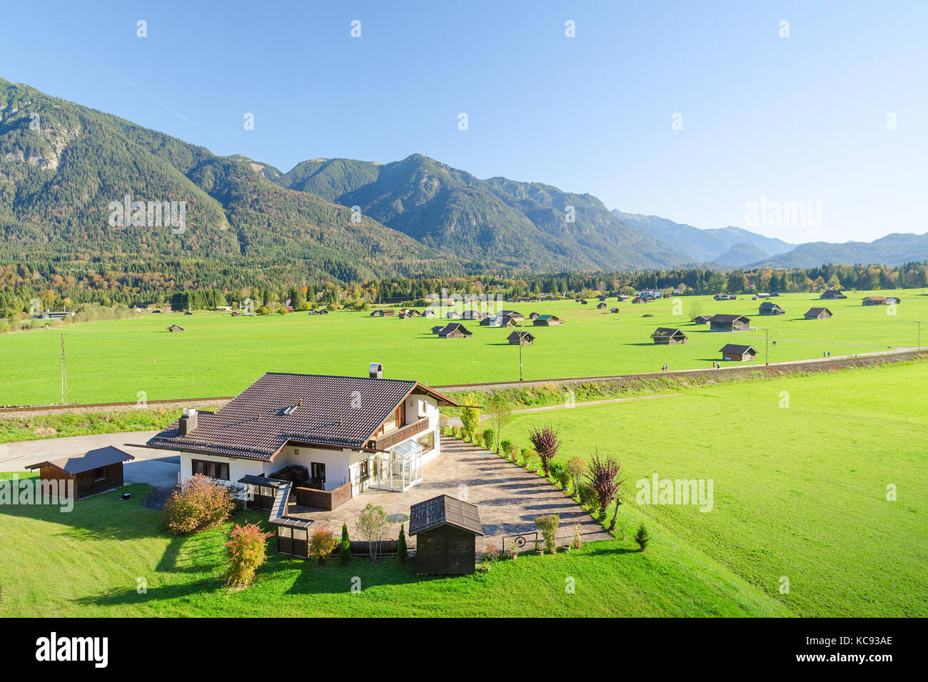 Landscape of Alpine pasture land in valley at foothills of Bavarian Alps Stock Photo