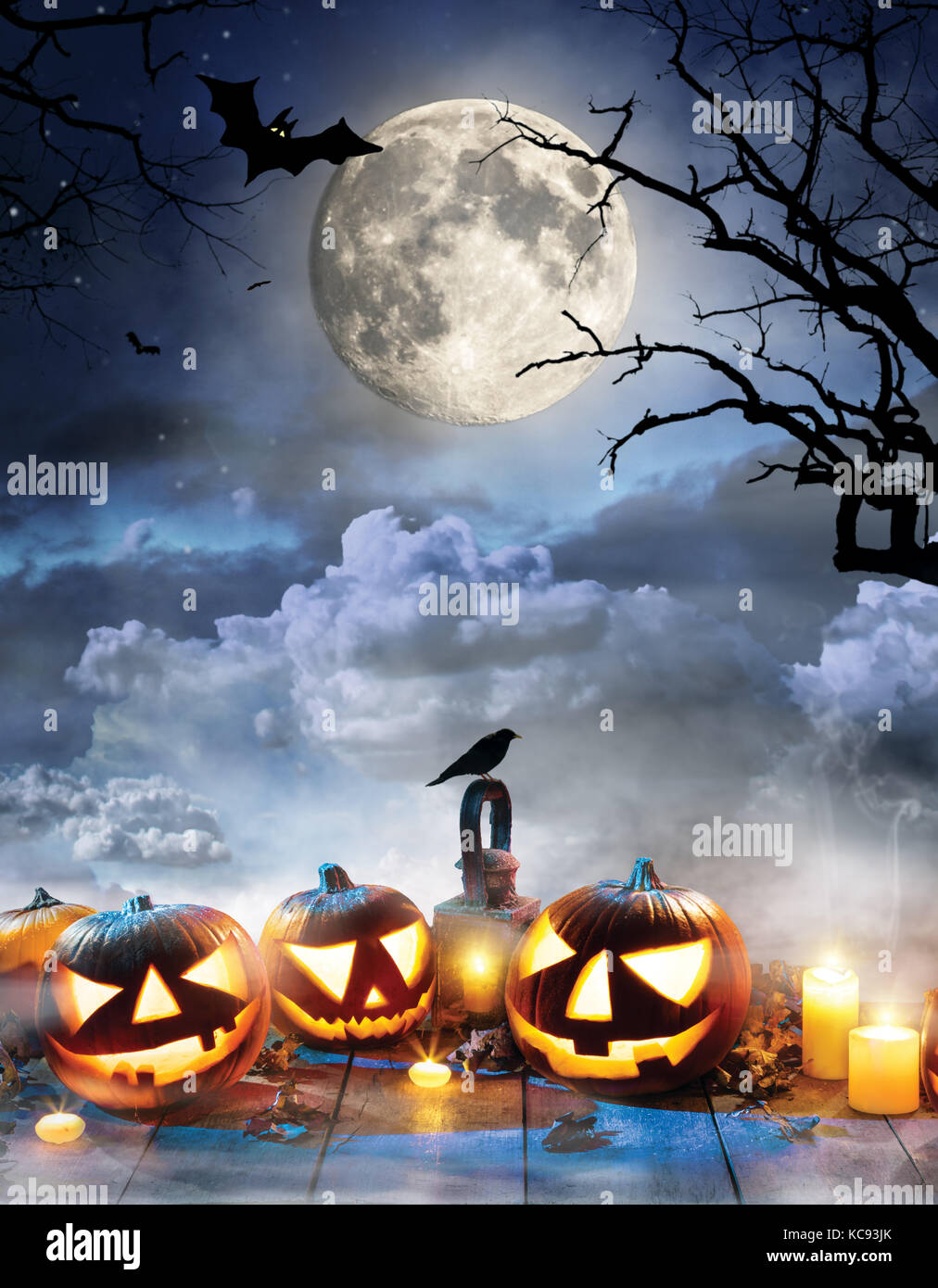 Spooky halloween pumpkins on wooden planks with dark horror background.  Celebration theme, copyspace for text. Very high resolution image Stock  Photo - Alamy