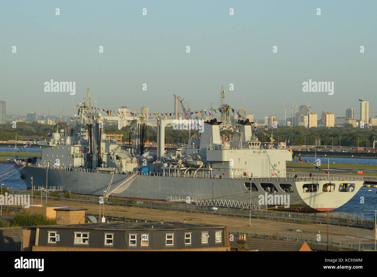 Chinese Navy Replenishment Ship PLAN Gaoyouhu AOR 966 moored in the King George V Dock in London's Royal Docks during a port call Stock Photo