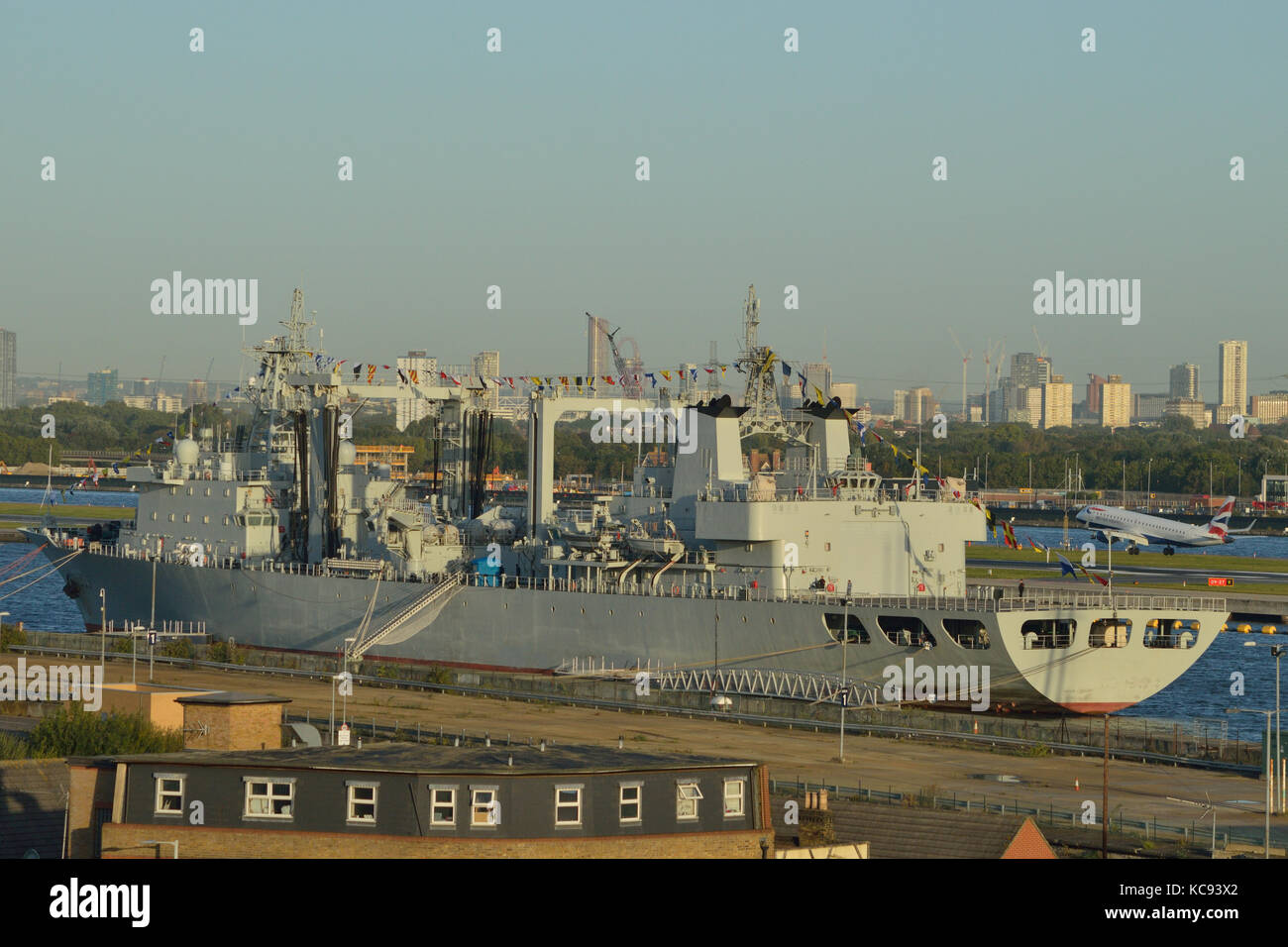 Chinese Navy Replenishment Ship PLAN Gaoyouhu AOR 966 moored in the King George V Dock in London's Royal Docks during a port call Stock Photo