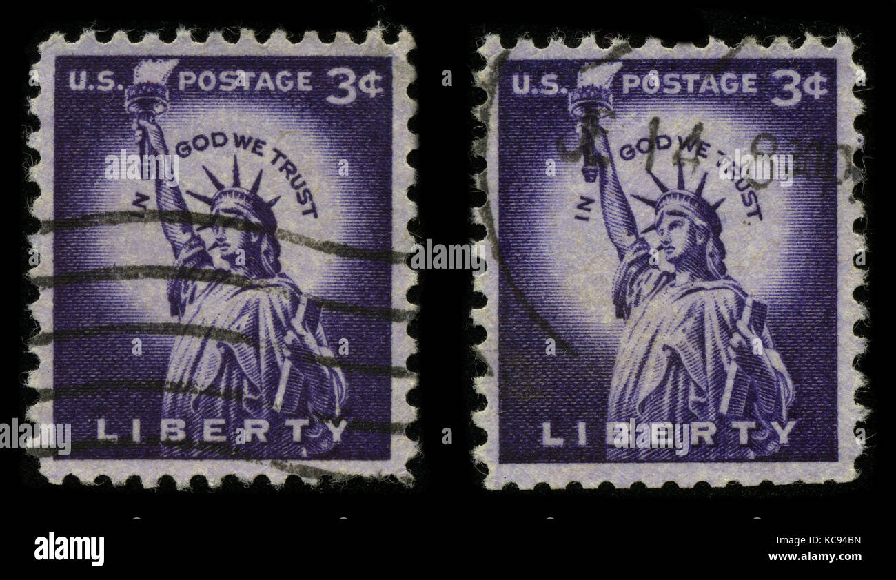 USA - CIRCA 1930: Two stamp printed in USA shows image of the dedicated to The Statue of Liberty (Liberty Enlightening the World) circa 1930. Stock Photo