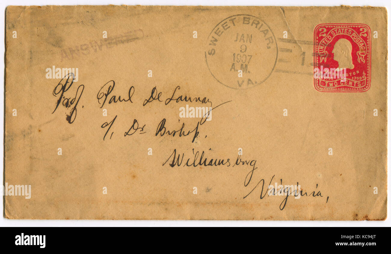 USA - CIRCA 1907: Mailing envelope with postage stamps dedicated to G. Washington, circa 1907. Stock Photo