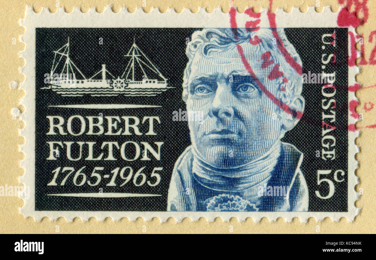 GOMEL, BELARUS, APRIL 18, 2017. Stamp printed in USA shows image of  The Robert Fulton (November 14, 1765 - February 24, 1815) was an American enginee Stock Photo