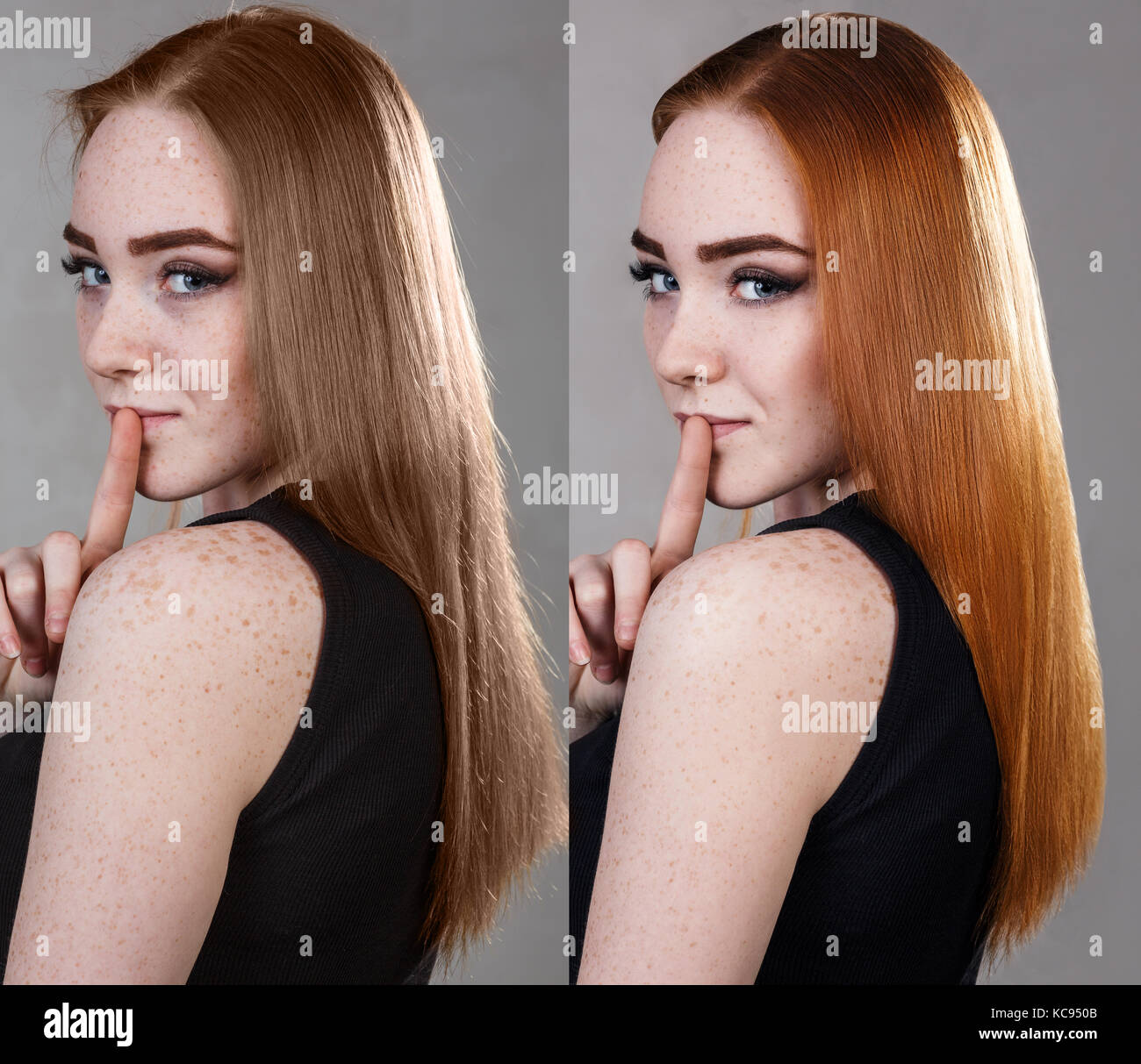 Hair before and after dyeing and treatment Stock Photo Alamy