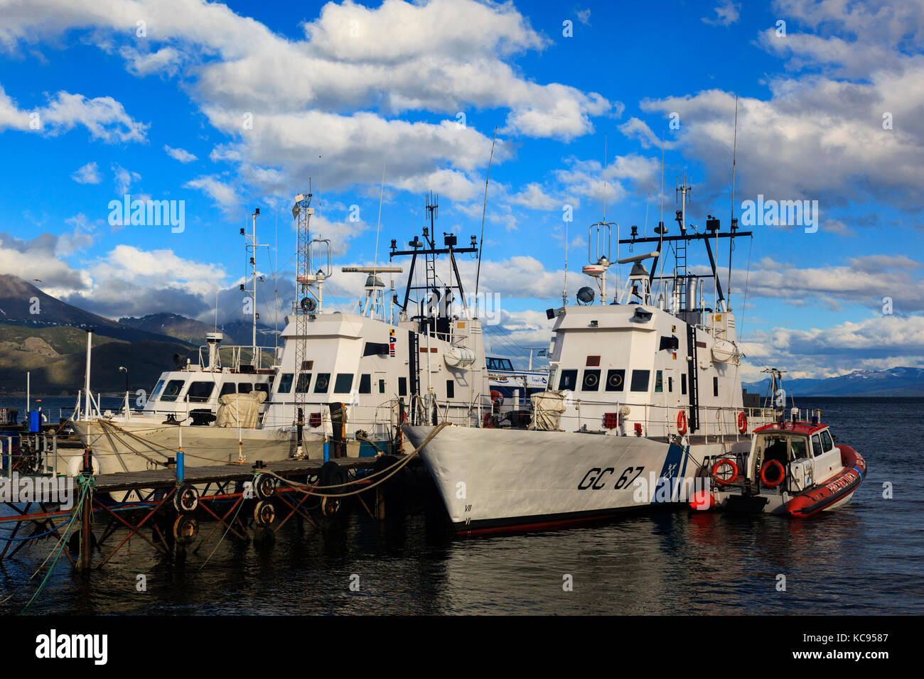 Ships in the harbour of Ushuaia in the Beagle Channel, Tierra del Fuego, Patagonia, South America Stock Photo