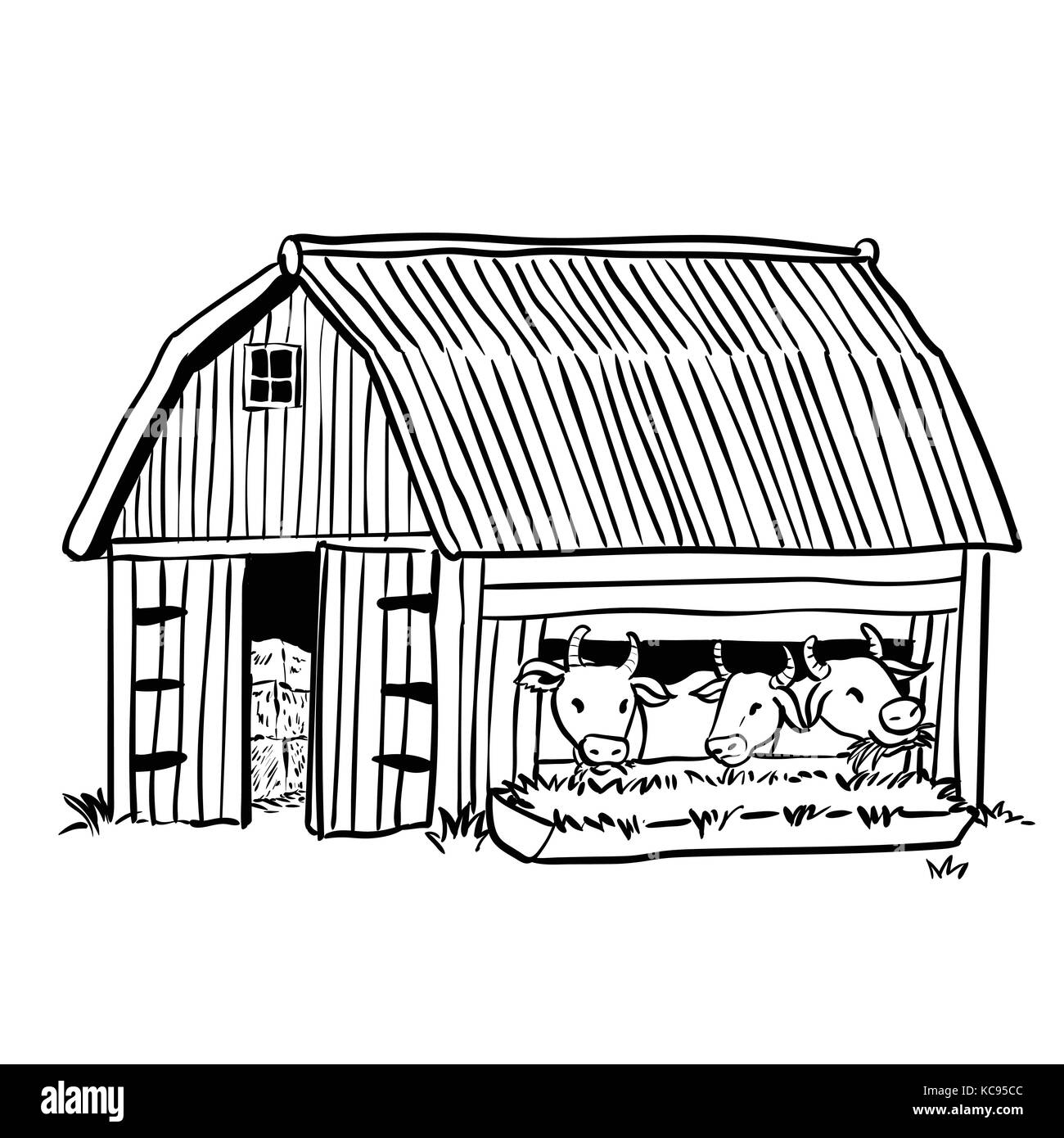 Hand drawing barn with three funny dairy cows cartoon, for farm concept -Vector Illustration Stock Vector