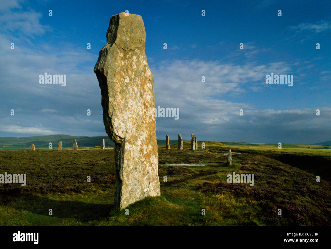 View S of western arc of the Ring of Brodgar (Brogar) stone circle & henge monument on the Ness of Brodgar, Mainland, Orkney, with rock-cut ditch on R Stock Photo