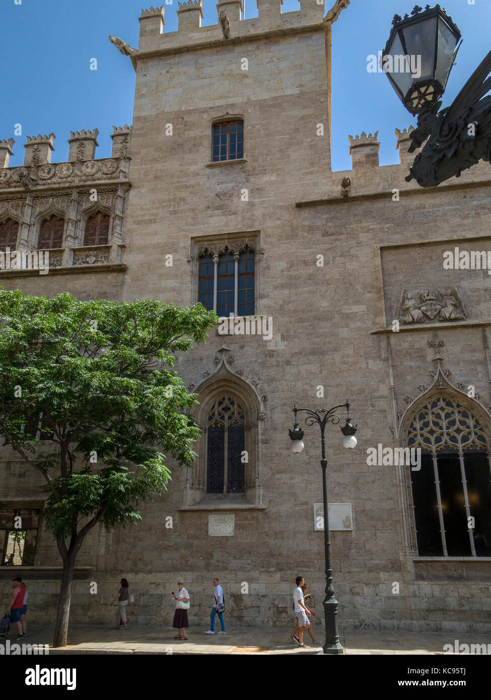 Exterior street level view of La Lonja de la Seda (La Llotja de la Seda) building, Valencia, Spain, Europe. La Lonja de la Seda is a grand medieval bu Stock Photo