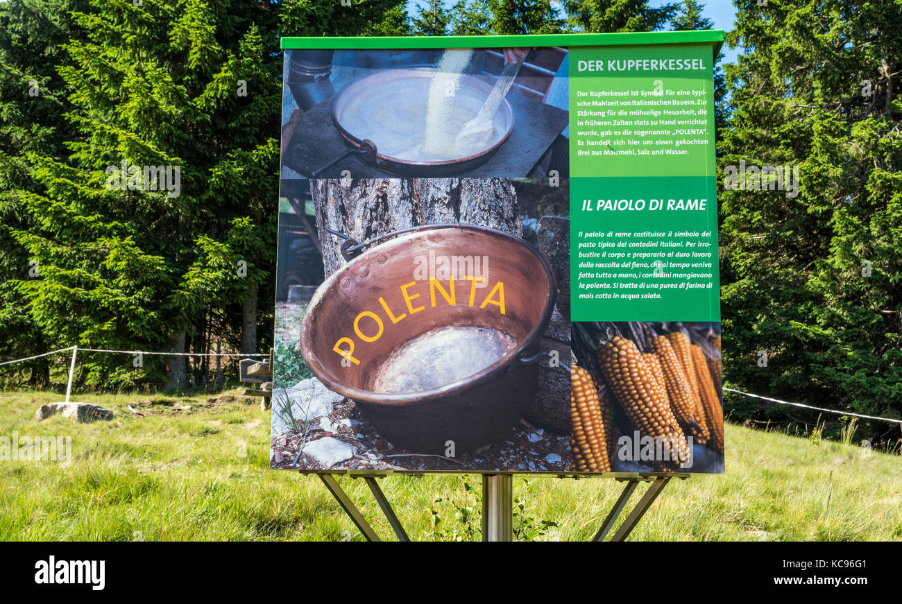 billboard dedicated to polenta recipe. Mountain symbol and South Tyrolean tradition. South Tyrol, Trentino Alto Adige, Bolzano, northern Italy Stock Photo