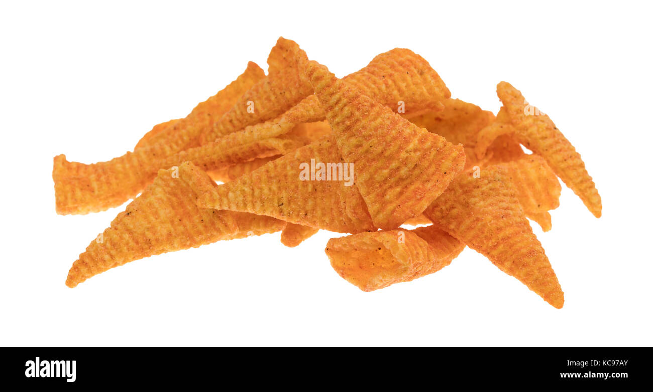 A serving of cheese flavored cone shaped corn chips isolated on a white