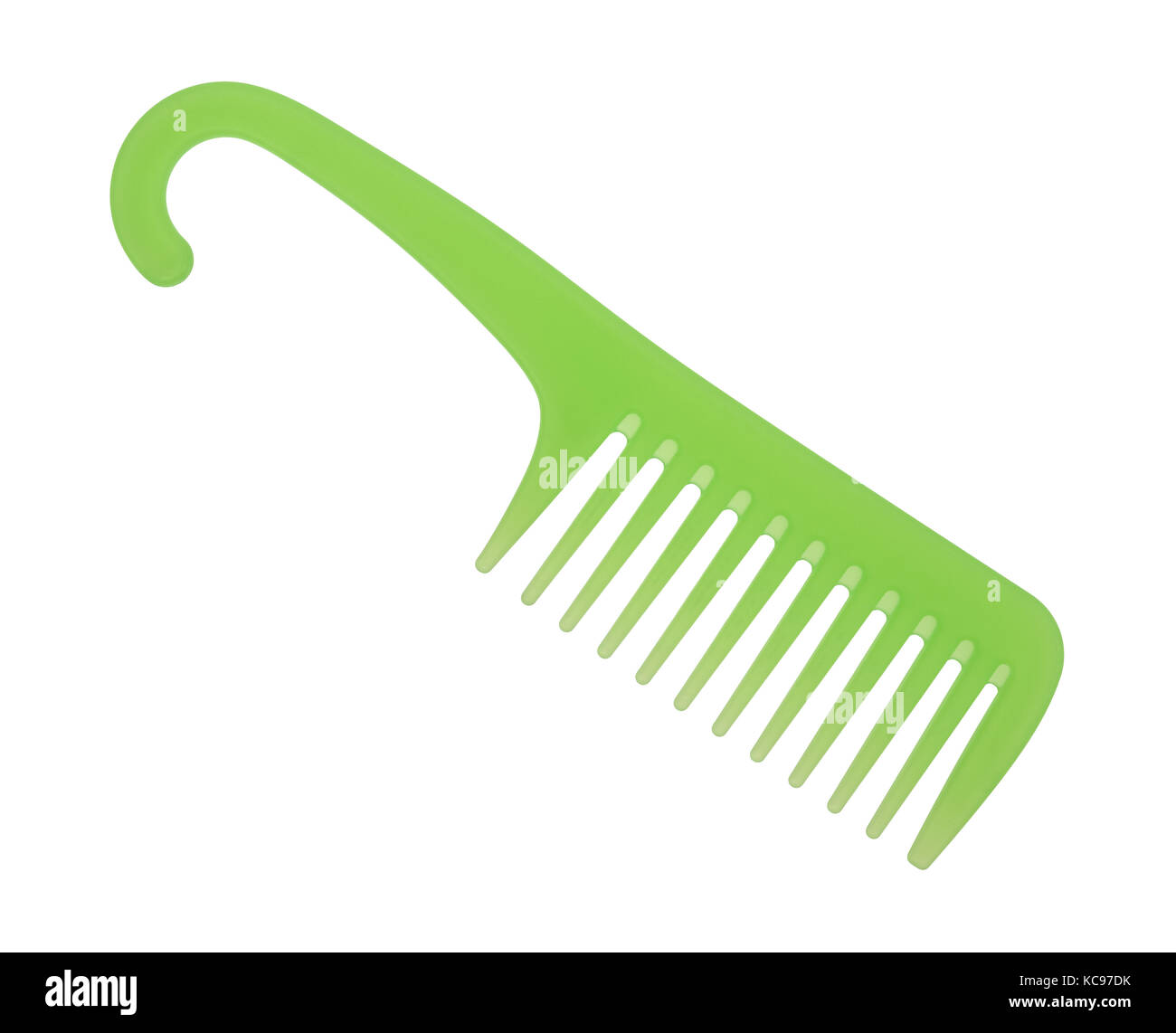 Top view of a large green wide toothed detangling comb isolated on a white background. Stock Photo