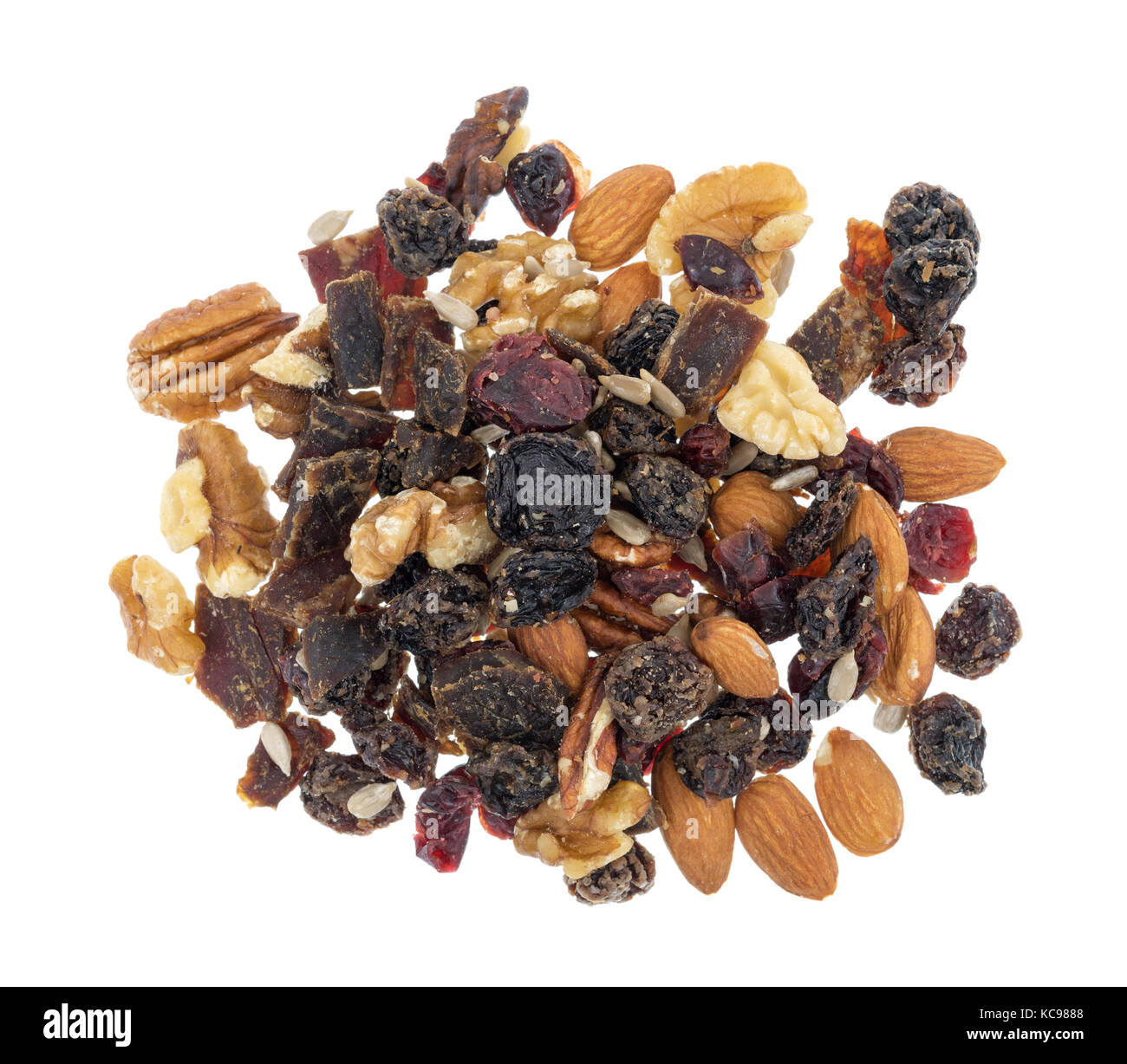 Top view of a serving of beef jerky trail mix isolated on a white
