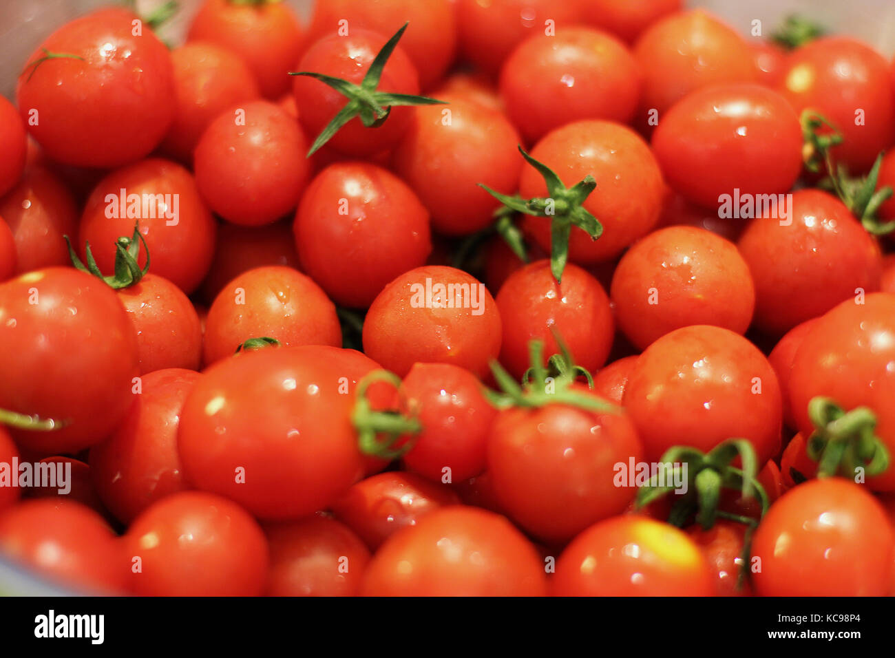 Red small fresh cherry tomatoes with the water drops Stock Photo - Alamy